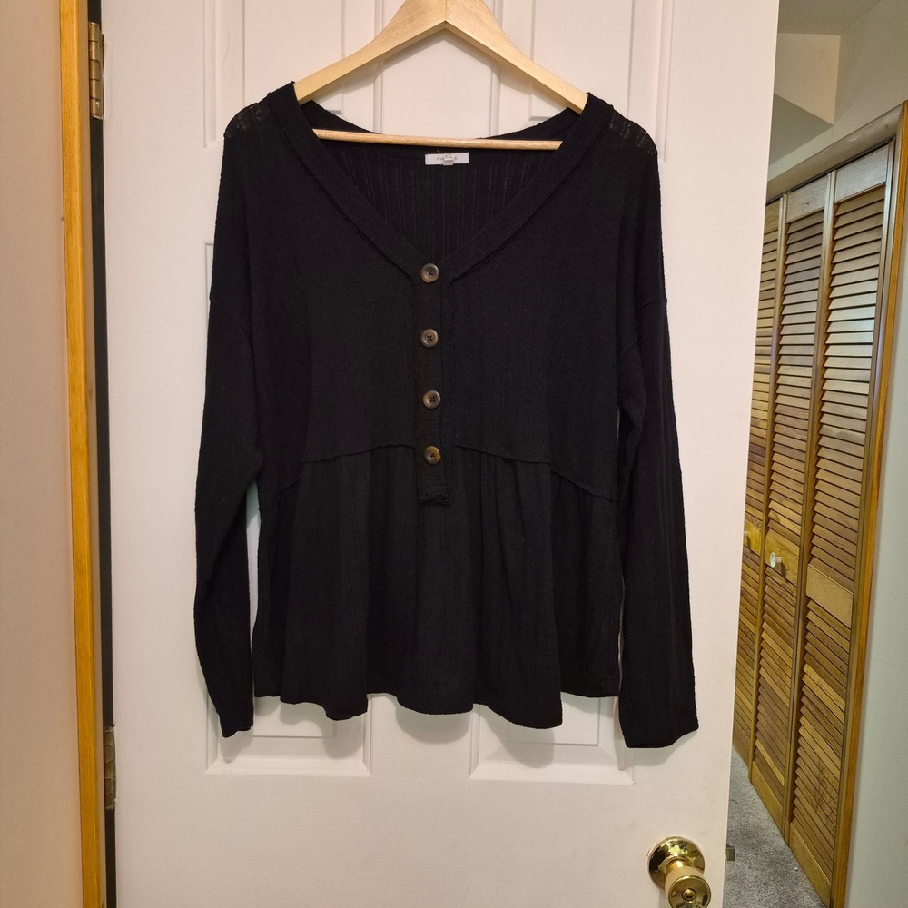 Maurices Black Ribbed Henley Peplum Top Long Sleeve VNeck Babydoll XXL Plus Size
